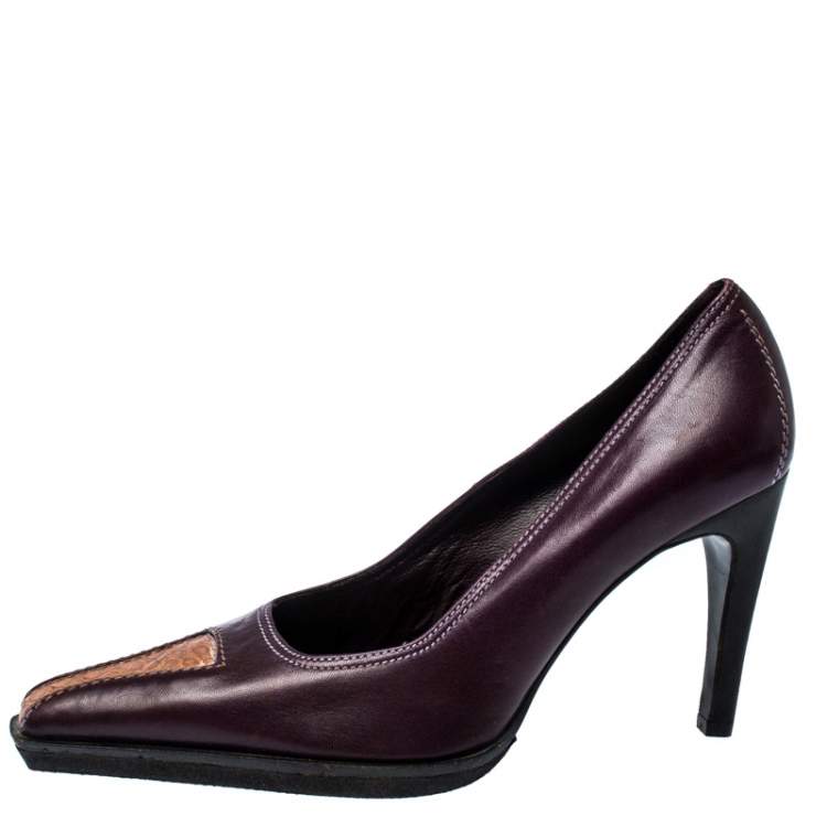 Pre Owned Casadei Purple And Brown Leather Pointed Toe Pumps Size 37.5
