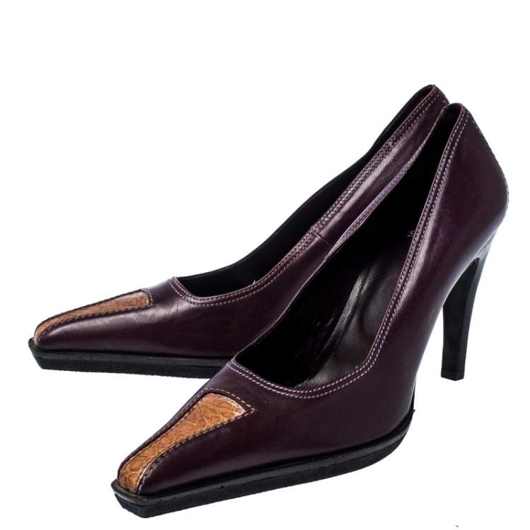 Pre Owned Casadei Purple And Brown Leather Pointed Toe Pumps Size 37.5