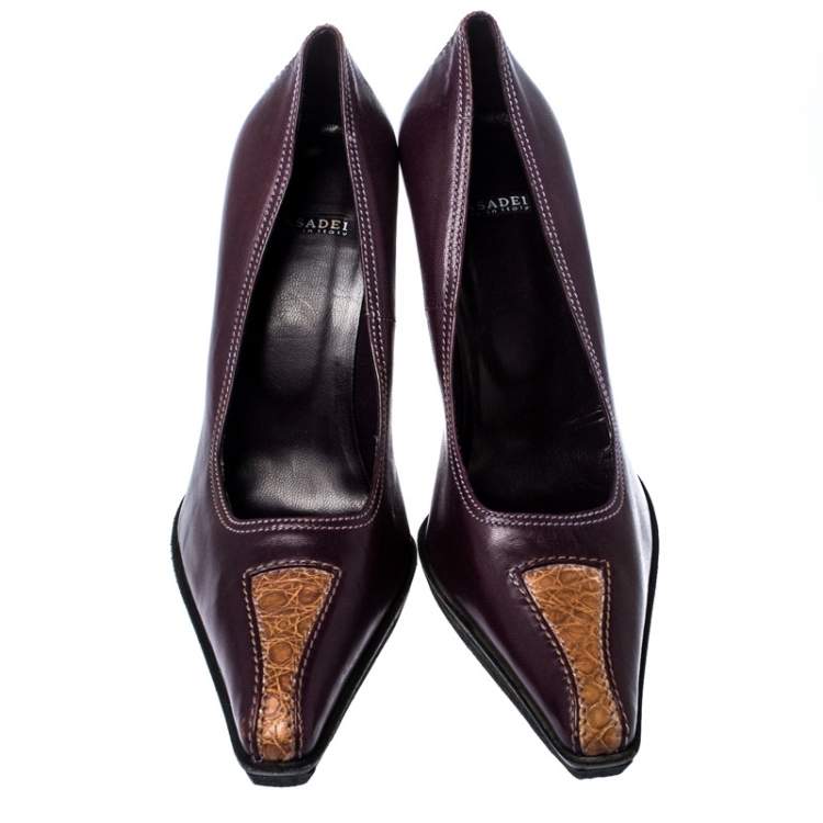 Pre Owned Casadei Purple And Brown Leather Pointed Toe Pumps Size 37.5