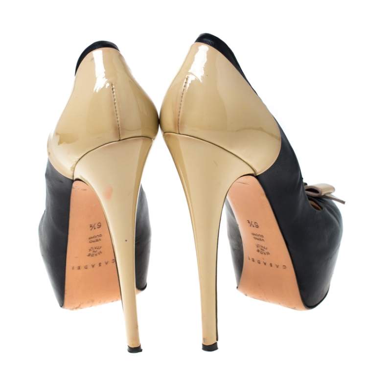 Pre Owned Casadei Black/Beige Leather Bow Platform Pumps Size 36.5 