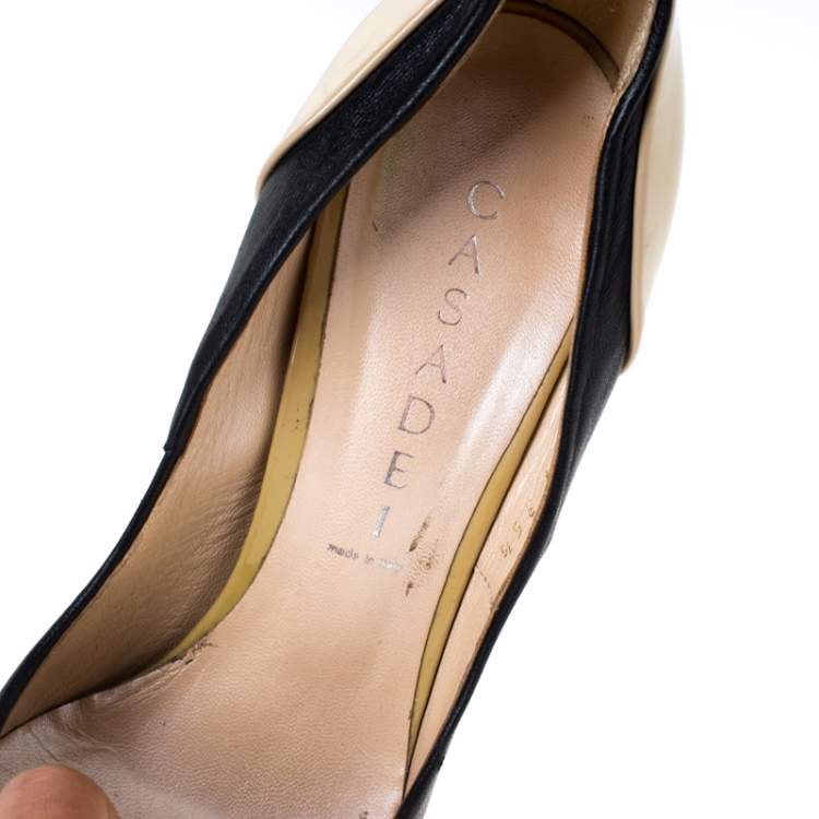 Pre Owned Casadei Black/Beige Leather Bow Platform Pumps Size 36.5 
