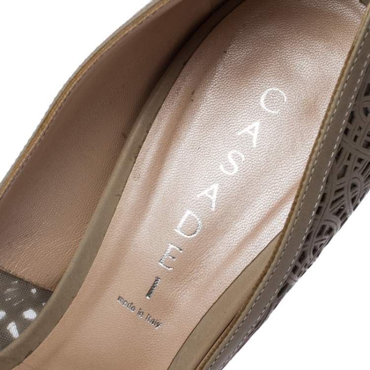 Pre Owned Casadei Grey Perforated Leather Peep Toe Pumps Size 41