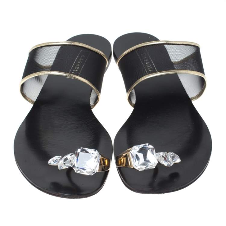 Pre Owned Casadei Mesh And Leather Trim Embellished Toe Ring Flats Size 37