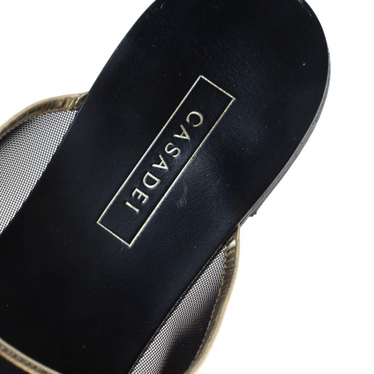 Pre Owned Casadei Mesh And Leather Trim Embellished Toe Ring Flats Size 37