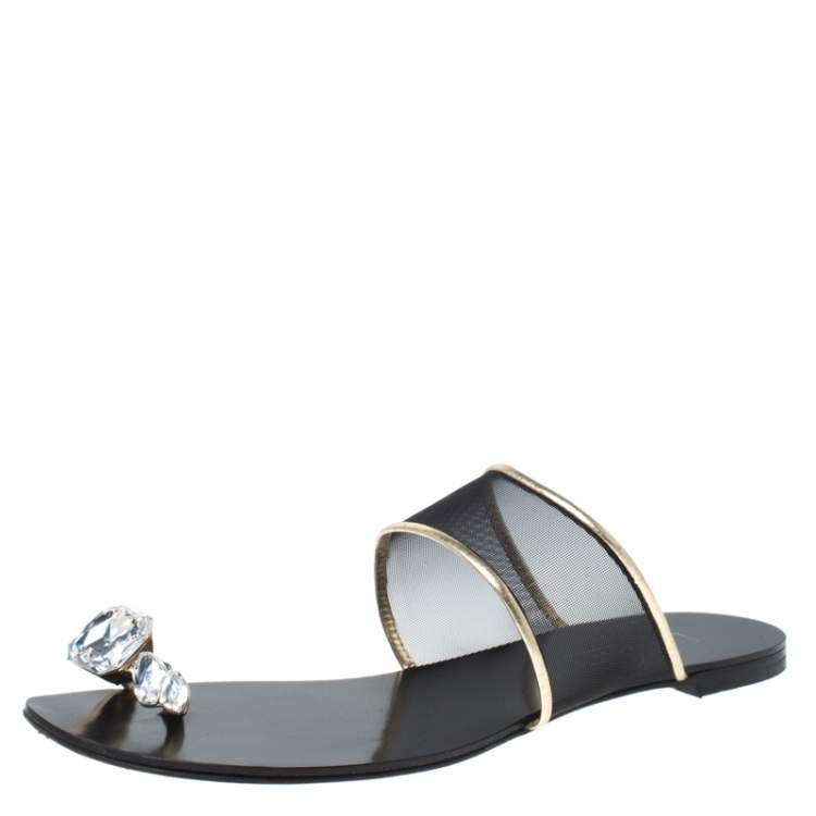 Pre Owned Casadei Mesh And Leather Trim Embellished Toe Ring Flats Size 37