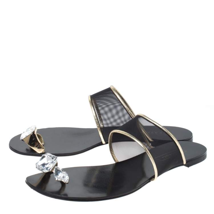 Pre Owned Casadei Mesh And Leather Trim Embellished Toe Ring Flats Size 37