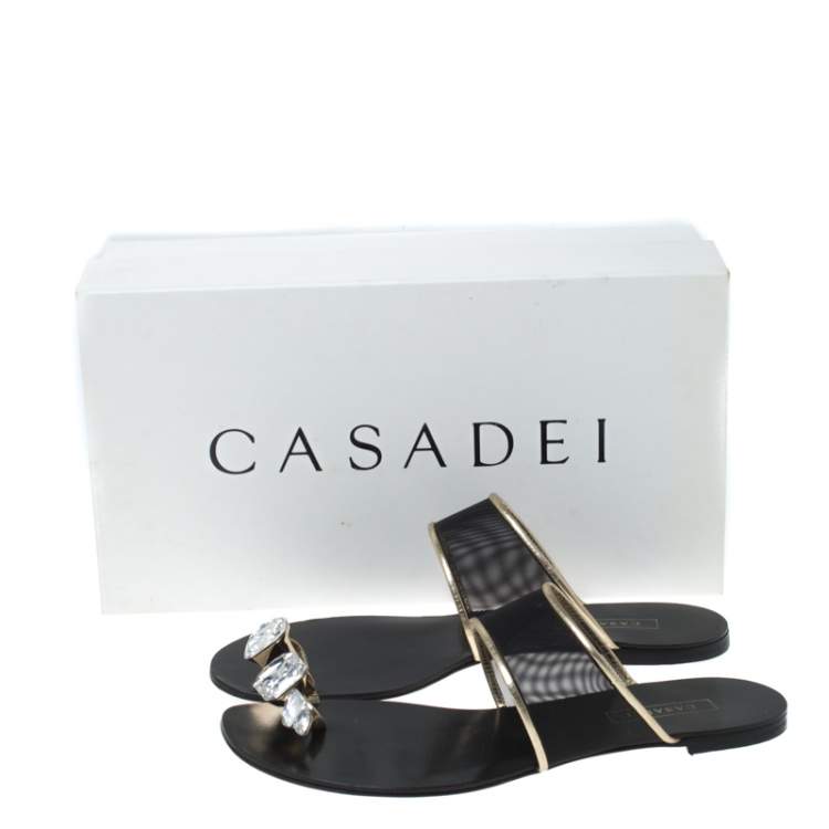 Pre Owned Casadei Mesh And Leather Trim Embellished Toe Ring Flats Size 37