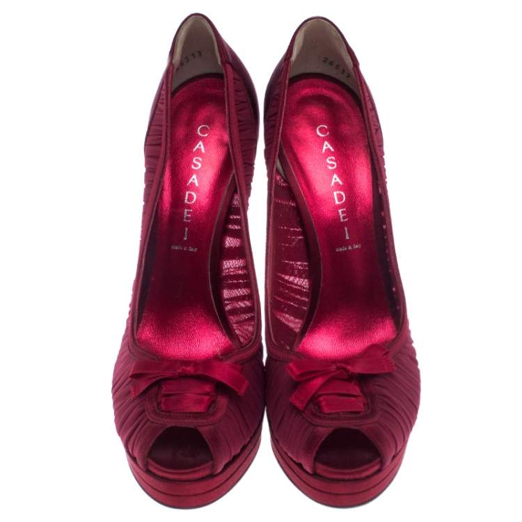 Pre Owned Casadei Red Satin Bow Peep Toe Pumps Size 38.5