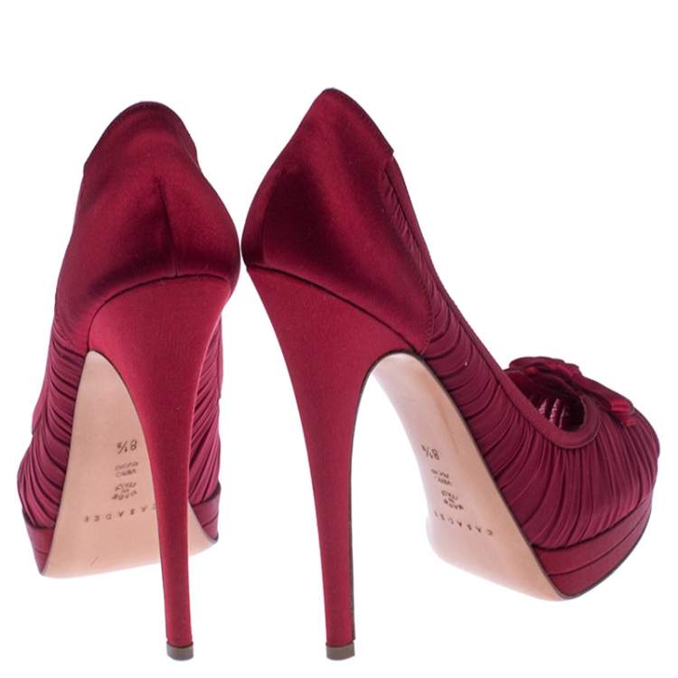 Pre Owned Casadei Red Satin Bow Peep Toe Pumps Size 38.5