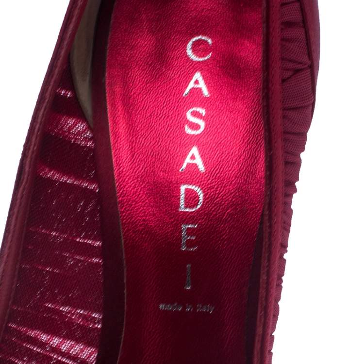 Pre Owned Casadei Red Satin Bow Peep Toe Pumps Size 38.5