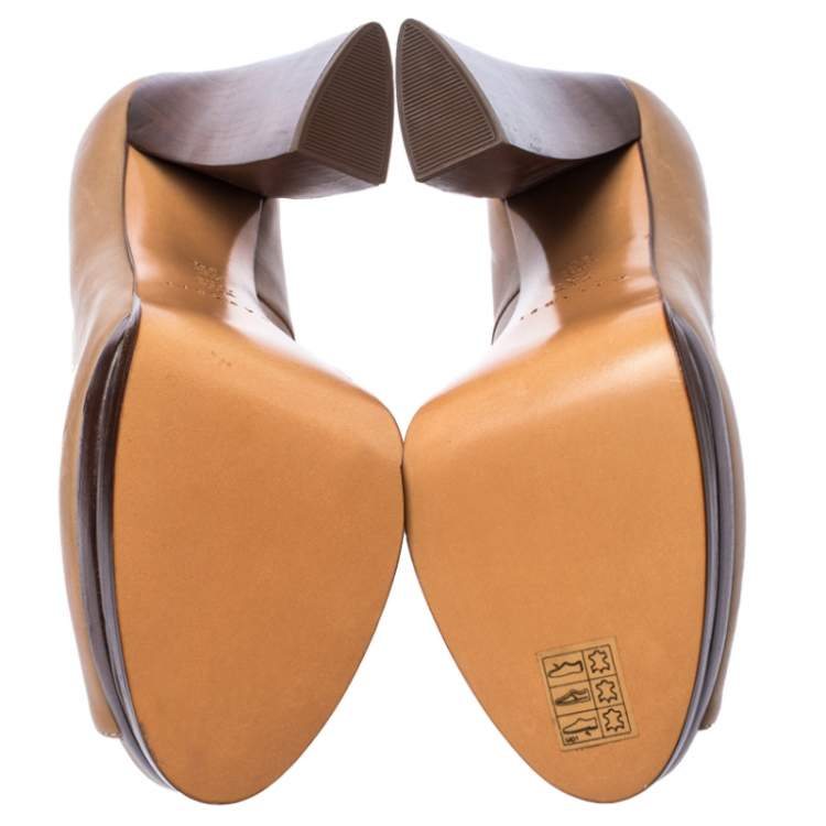 Pre Owned Casadei Dark Beige Leather Peep Toe Wooden Heel Platform Pumps Size 38.5