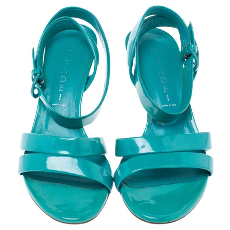 Pre Owned Casadei Turquoise Patent Leather Open Toe Cross Strap Mid Heel Sandals Size 36