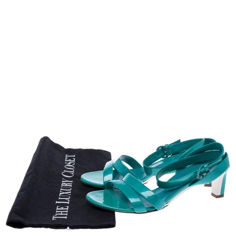 Pre Owned Casadei Turquoise Patent Leather Open Toe Cross Strap Mid Heel Sandals Size 36