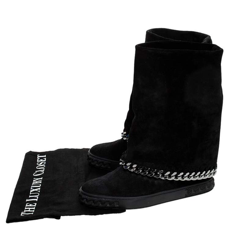 Pre Owned Casadei Black Suede Chain Wedge Boots Size 38