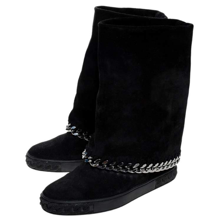 Pre Owned Casadei Black Suede Chain Wedge Boots Size 38