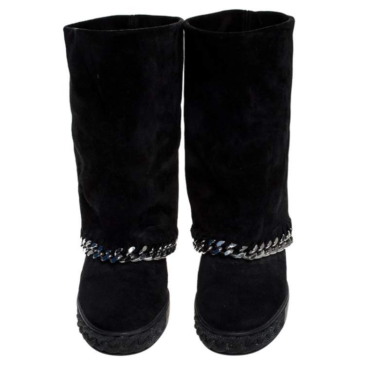 Pre Owned Casadei Black Suede Chain Wedge Boots Size 38