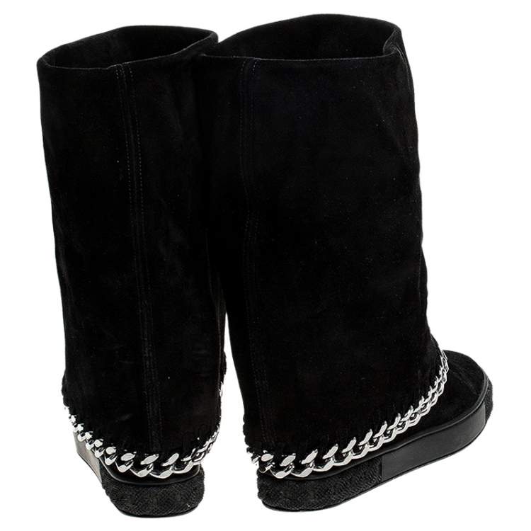 Pre Owned Casadei Black Suede Chain Wedge Boots Size 38