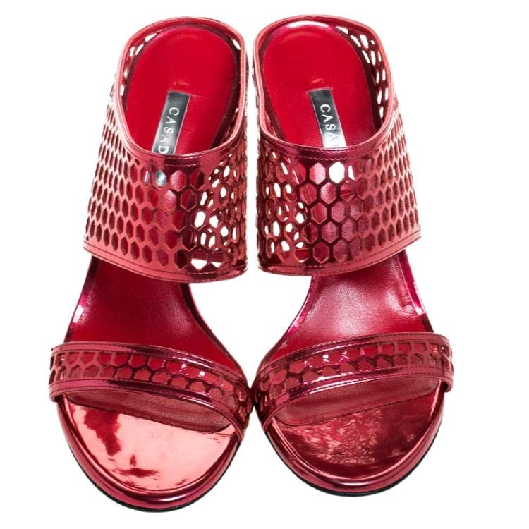 Pre Owned Casadei Metallic Red Patent Leather Candylux Slide Sandals Size 39
