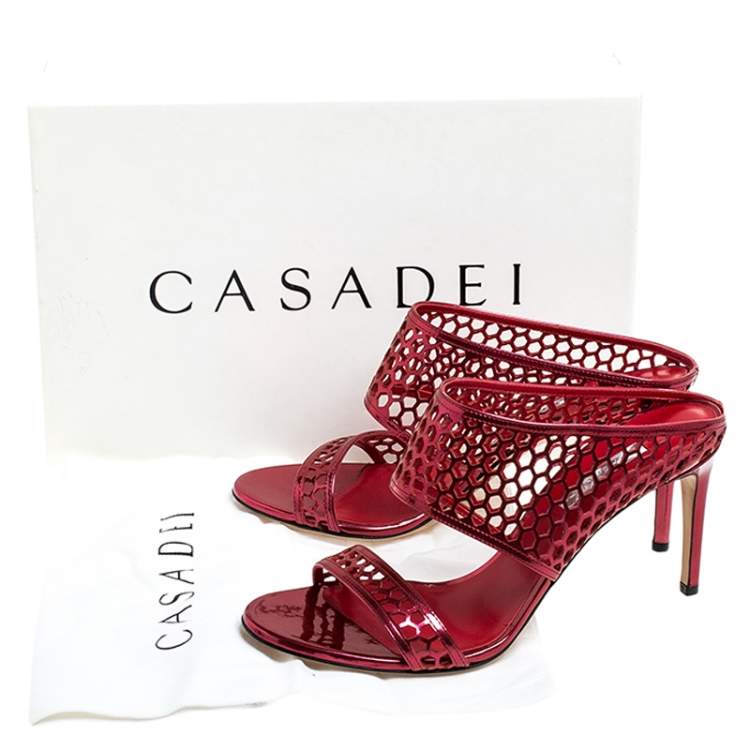 Pre Owned Casadei Metallic Red Patent Leather Candylux Slide Sandals Size 39