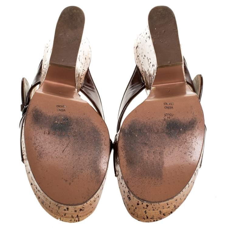 Pre Owned Casadei Brown Buckle Crisscross Patent Leather Cork Wedge Sandals Size 37