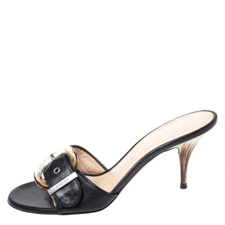 Pre Owned CasadeI Black Leather Buckle Detail Slide Sandals Size 37.5