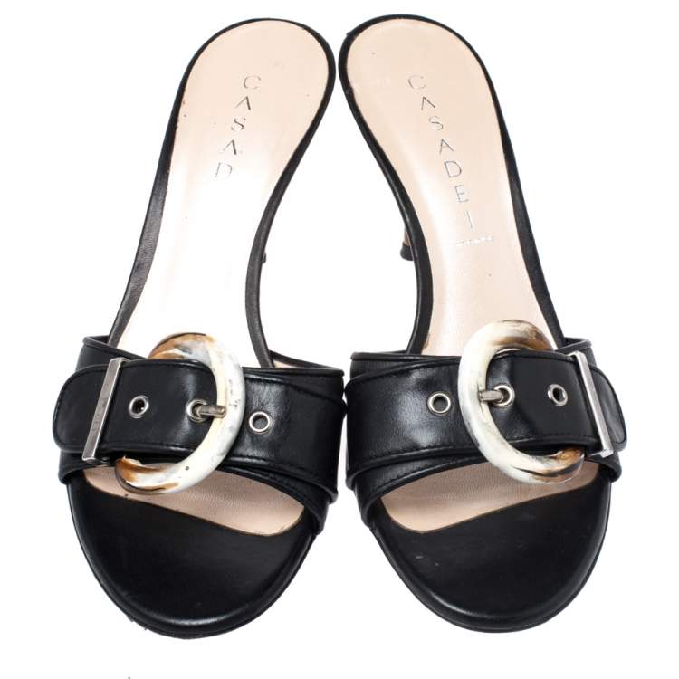 Pre Owned CasadeI Black Leather Buckle Detail Slide Sandals Size 37.5