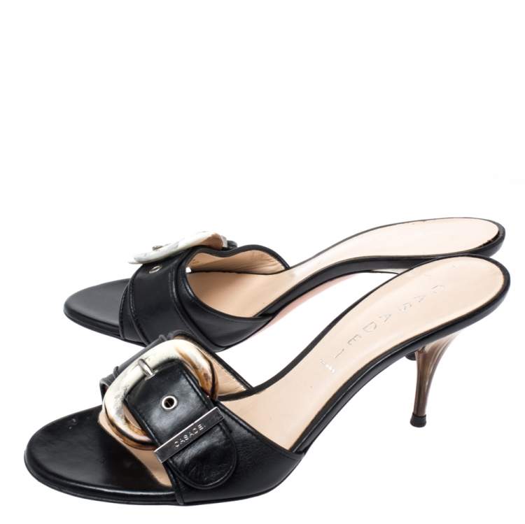 Pre Owned CasadeI Black Leather Buckle Detail Slide Sandals Size 37.5
