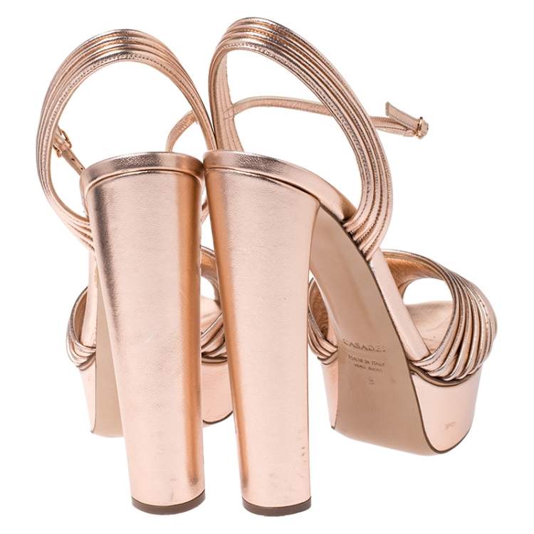 Pre Owned Casadei Metallic Bronze Leather Piping Detail Ankle Strap Platform Sandals Size 39
