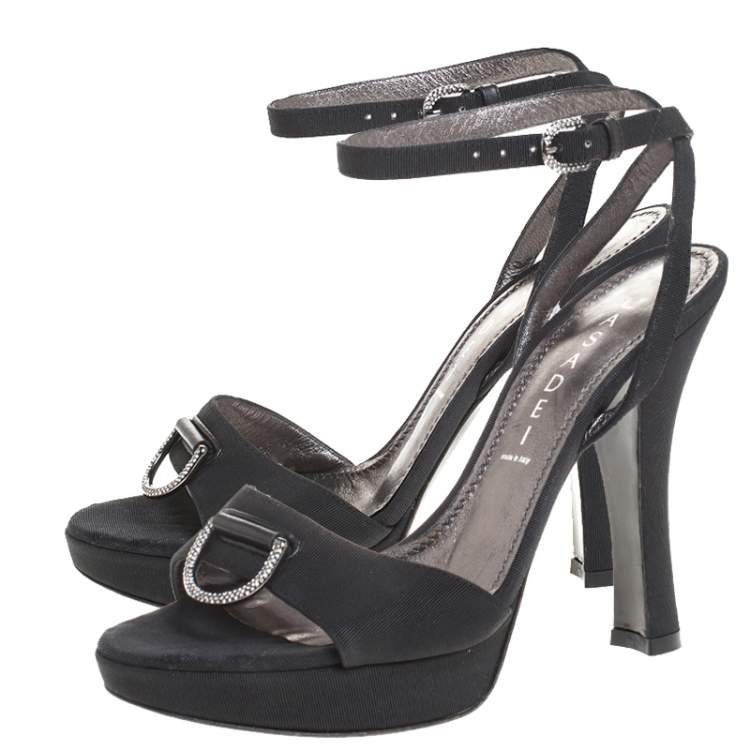 Pre Owned Casadei Black Grosgrain Fabric Crystal Embellished Platform Ankle Strap Sandals Size 37