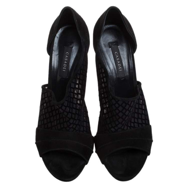 Pre Owned Casadei Black Mesh Panel and Suede Open Toe D'orsay Pumps Size 41