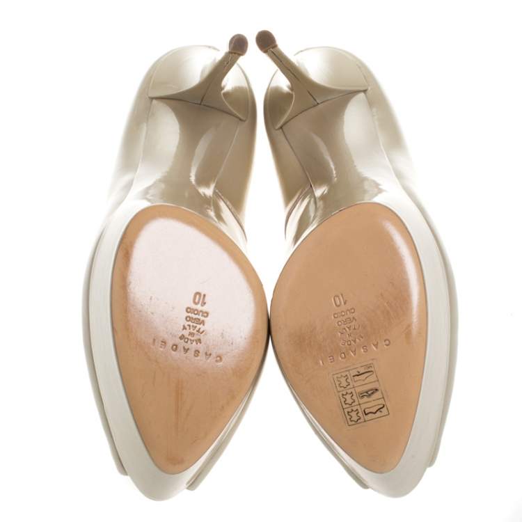 Pre Owned Casadei Beige Patent Leather Peep Toe Platform Pumps Size 40