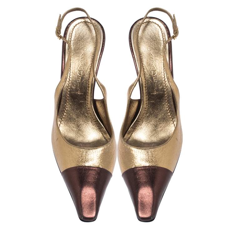 Pre Owned Casadei Metallic Gold/Brown Leather Pointed Toe Slingback Sandals Size 37.5