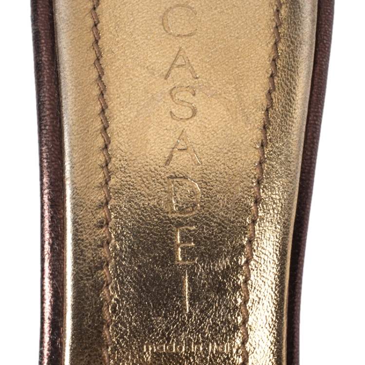 Pre Owned Casadei Metallic Gold/Brown Leather Pointed Toe Slingback Sandals Size 37.5