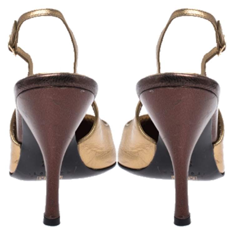 Pre Owned Casadei Metallic Gold/Brown Leather Pointed Toe Slingback Sandals Size 37.5