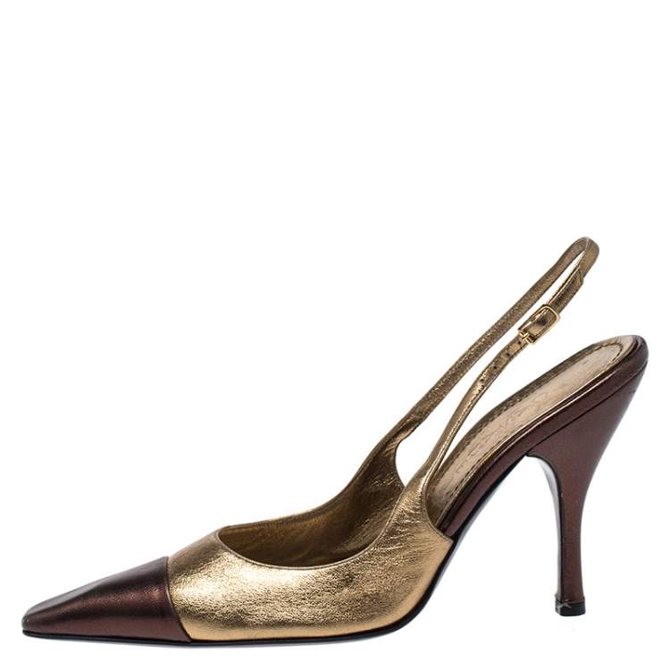 Pre Owned Casadei Metallic Gold/Brown Leather Pointed Toe Slingback Sandals Size 37.5