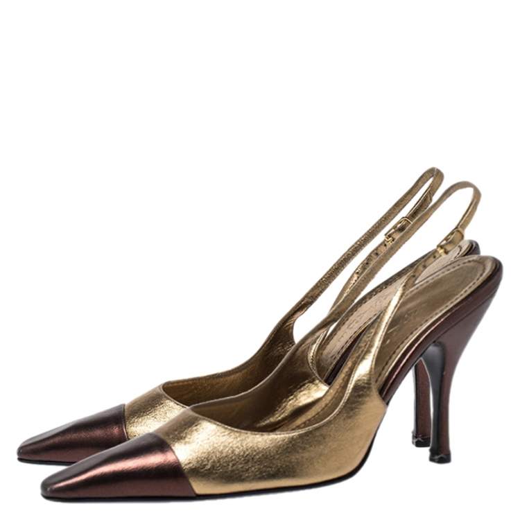 Pre Owned Casadei Metallic Gold/Brown Leather Pointed Toe Slingback Sandals Size 37.5