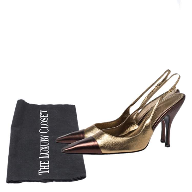 Pre Owned Casadei Metallic Gold/Brown Leather Pointed Toe Slingback Sandals Size 37.5