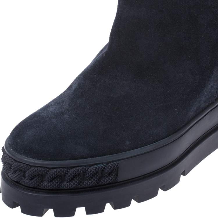Pre Owned Casadei Navy Blue Suede Concealed Wedge Knee Length Boots Size 39