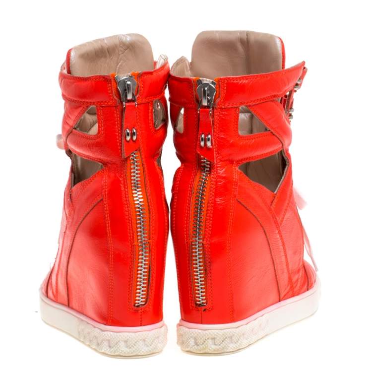 Pre Owned Casadei Orange Leather Wedge High Top Sneakers Size 40