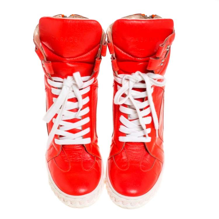 Pre Owned Casadei Orange Leather Wedge High Top Sneakers Size 40