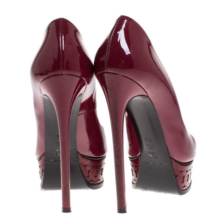 Pre Owned Casadei Burgundy Patent Leather Peep Toe Chain Motif Platform Pumps Size 37.5