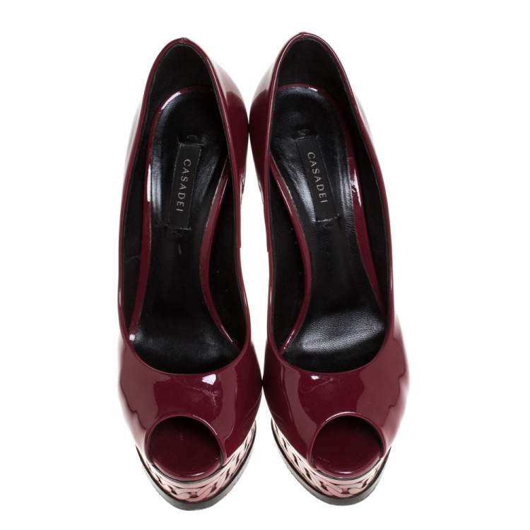 Pre Owned Casadei Burgundy Patent Leather Peep Toe Chain Motif Platform Pumps Size 37.5