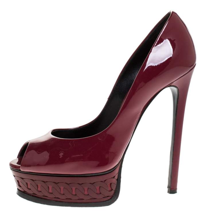 Pre Owned Casadei Burgundy Patent Leather Peep Toe Chain Motif Platform Pumps Size 37.5