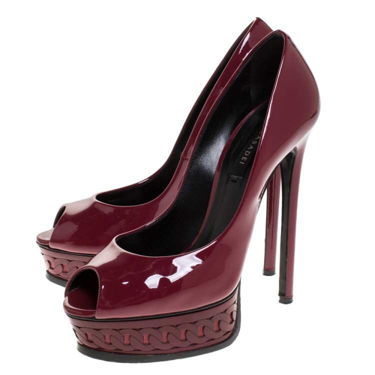 Pre Owned Casadei Burgundy Patent Leather Peep Toe Chain Motif Platform Pumps Size 37.5