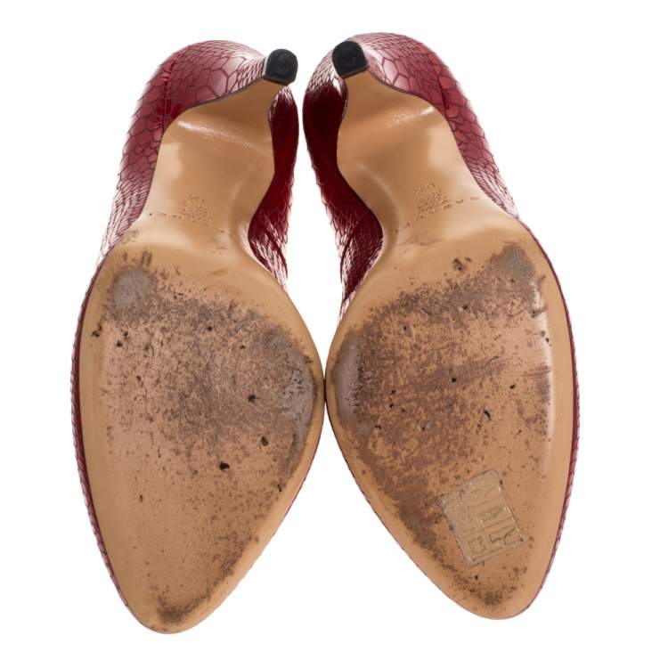 Pre Owned Casadei Red Python Embossed Patent Leather Round Toe Pumps Size 38.5