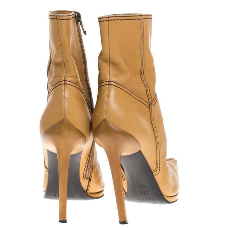 Pre Owned Casadei Tan Leather Pointed Toe Ankle Boots Size 37.5