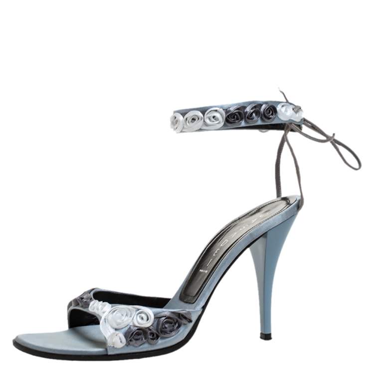 Pre Owned Casadei Grey Satin Floral Ankle Tie Up Sandals Size 38