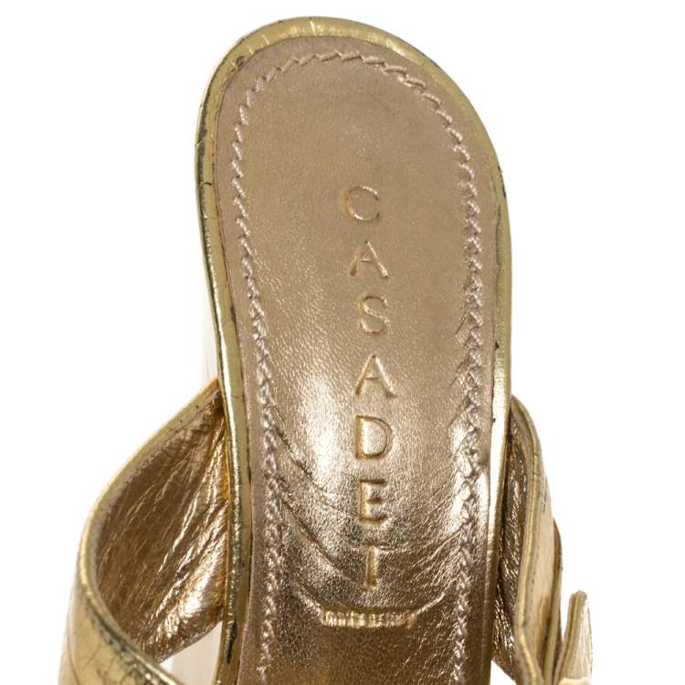 Pre Owned Casadei Metallic Gold Leather Criss Cross Buckle Wedge Sandals Size 37