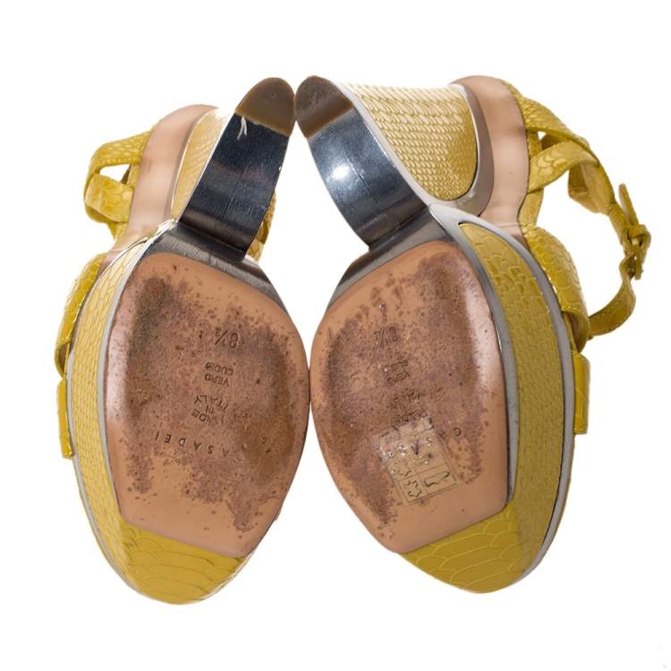 Pre Owned Casadei Yellow Python Embossed Leather Platform Wedge Sandals Size 38.5