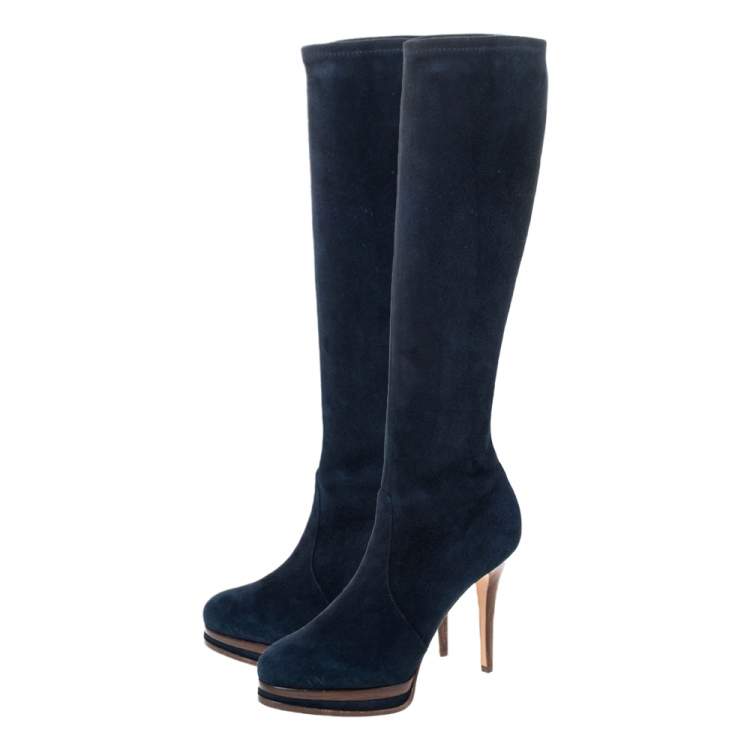 Pre Owned Casadei Blue Suede Knee High Platform Slip On Boots Size 38.5